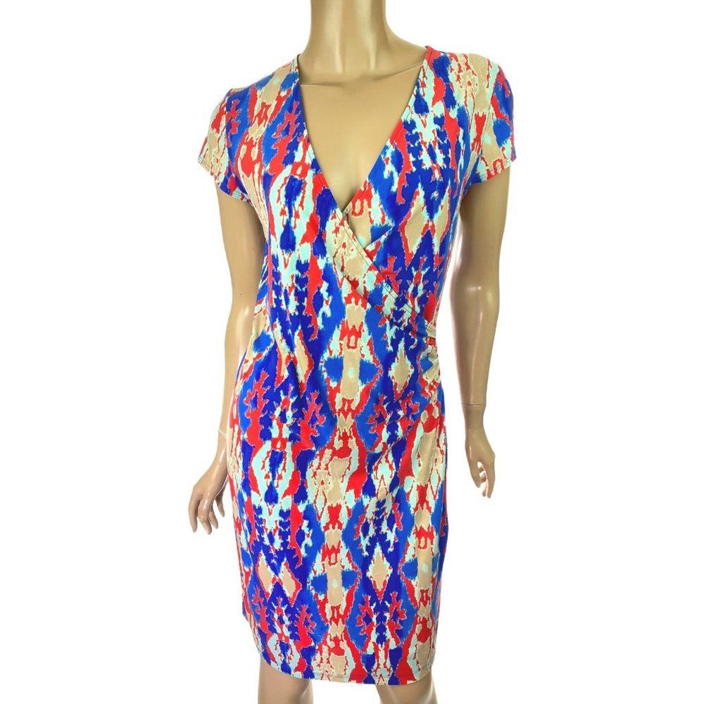 Jones New York Signature Sheath Dress Sleeveless Blue/Red/Brown Geo Design